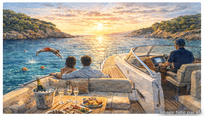 Couple savourant yacht au coucher du soleil, activités nautiques à Cannes exclusives et romantiques