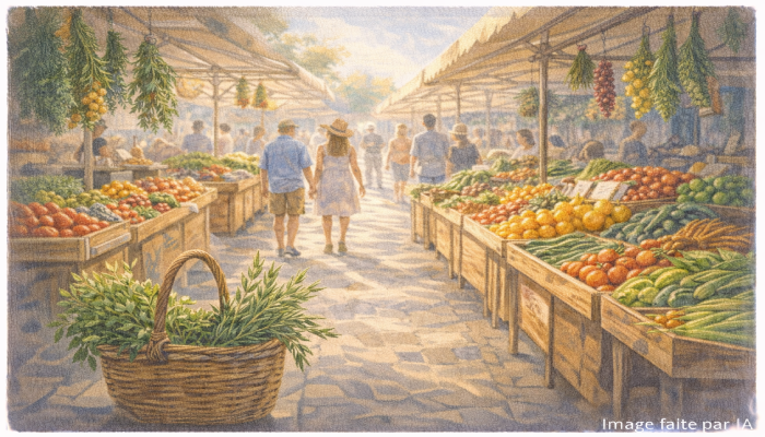 Marchés de Cannes au petit matin, étals colorés de produits provençaux et visiteurs flânant sous la lumière dorée.