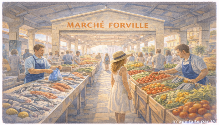 Marché Forville animé à Cannes, étals de poissons et légumes, ambiance provençale authentique des marchés de cannes.