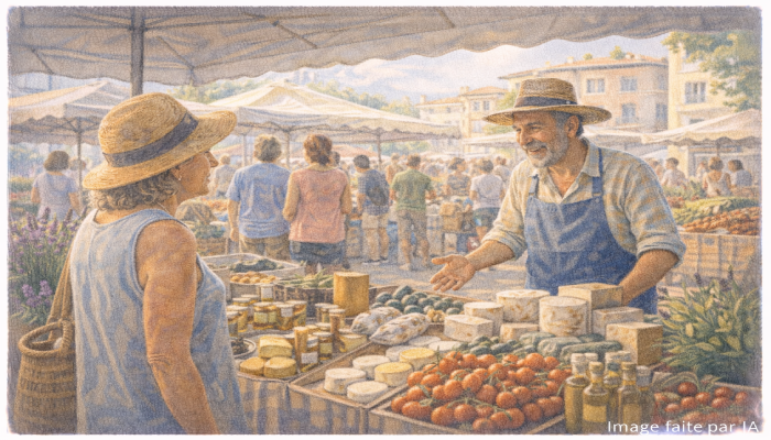 Ambiance conviviale du marché Gambetta avec producteurs locaux et habitués, symbole des marchés de cannes