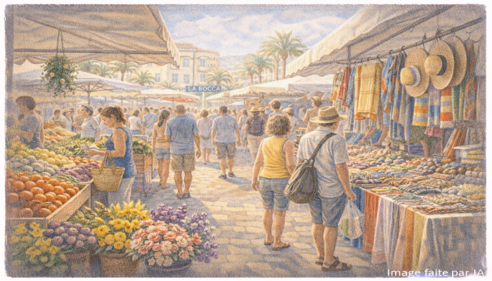 Marché animé de La Bocca, étals colorés et foule locale, authenticité des marchés de cannes
