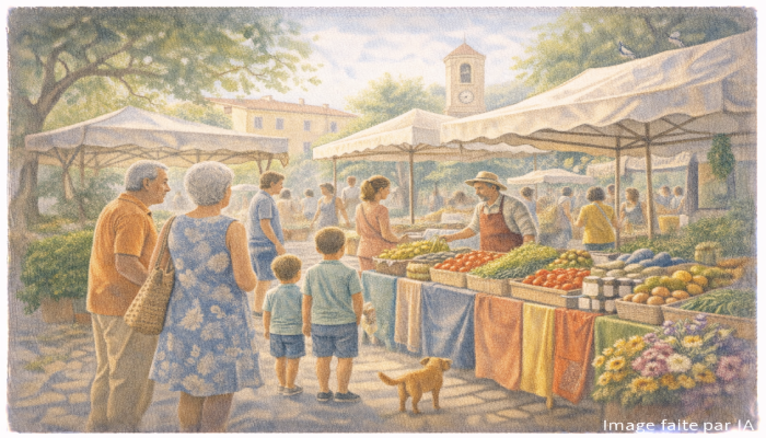 Marché de quartier à Saint-Jin-Jin, ambiance conviviale et produits locaux, typique des marchés de cannes.