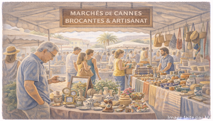 Marchés de cannes mêlant brocante et artisanat, étals colorés sous les platanes, ambiance conviviale et flânerie locale.