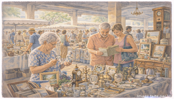 Des personnes qui chinent des objets dans une brocante.