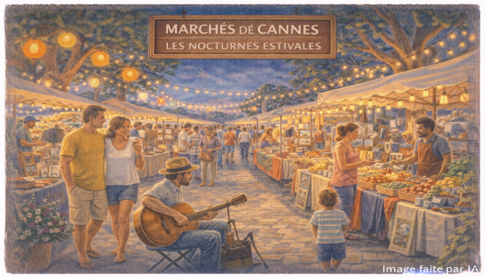 Marchés cannois nocturnes animés sous les lampions, stands gourmands et artisans locaux lors des soirées d’été à Cannes