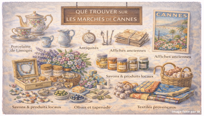 Produits typiques des marchés cannois : fruits, légumes, olives, fromages, fleurs et spécialités provençales locales