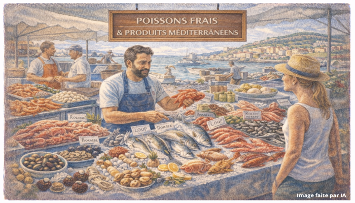 Étals de fromages, charcuteries et spécialités locales sur un marché provençal cannois, ambiance gourmande et conviviale.