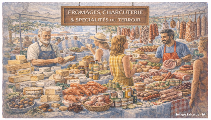 Étals de fromages, charcuteries et spécialités locales sur un marché provençal cannois, ambiance gourmande et conviviale.