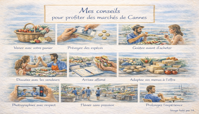 Conseils pratiques pour profiter des marchés de Cannes, présentés en neuf scènes illustrant les bons réflexes locaux