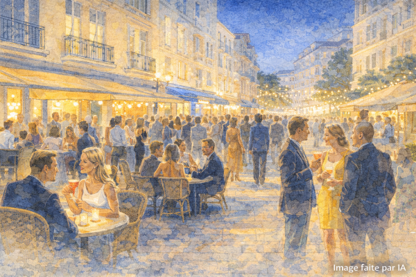 Terrasses animées du Carré d’Or à Cannes au crépuscule, ambiance festive pour savoir où sortir à Cannes le soir