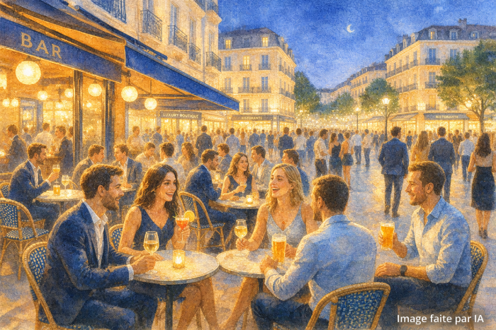 Terrasses bondées et bars élégants du Carré d’Or à Cannes, quartier phare pour savoir où sortir à Cannes le soir