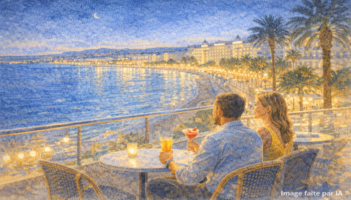Couple savourant un cocktail face à la Croisette illuminée, cadre élégant pour savoir où sortir à Cannes le soir