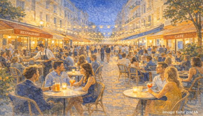 Terrasses animées et restaurants de la rue Félix Faure, ambiance conviviale pour savoir où sortir à Cannes le soir