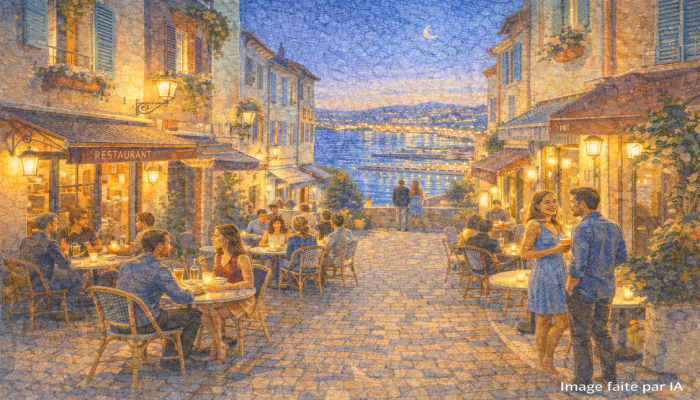 Terrasses intimistes et ruelles pavées du Suquet avec vue sur la baie, idée parfaite pour où sortir à Cannes le soir