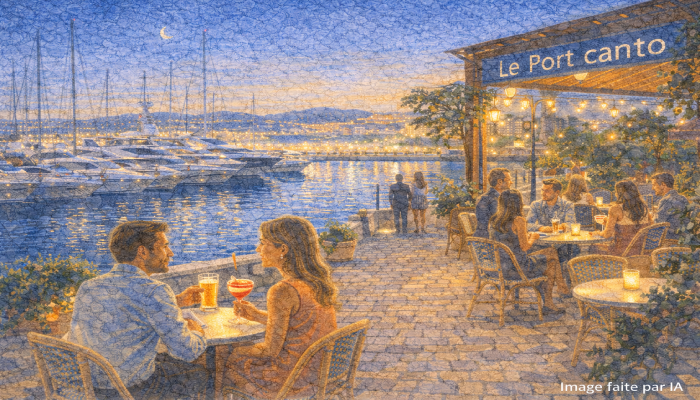 Terrasse paisible face aux yachts du Port Canto à Cannes, adresse idéale pour savoir où sortir à Cannes le soir