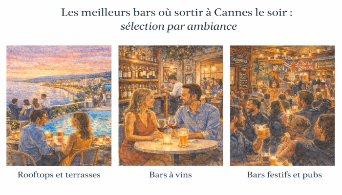 Ambiances de bars à Cannes entre rooftop, bar à vins et pub animé pour savoir où sortir à Cannes le soir