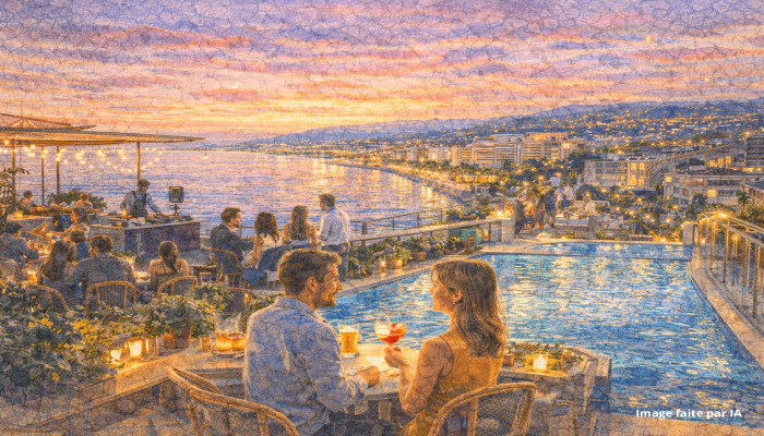 Cocktails sur rooftop avec vue sur la Croisette et la baie, spot idéal pour **où sortir à Cannes le soir**