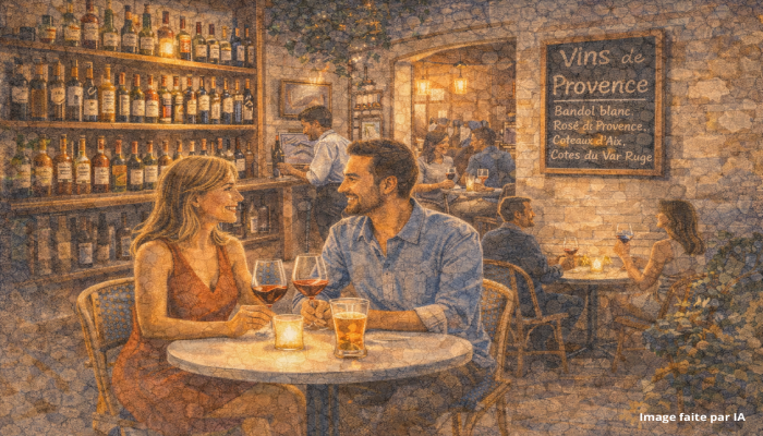 Couple dégustant vins de Provence dans un bar intimiste à Cannes, idée parfaite pour **où sortir à Cannes le soir**