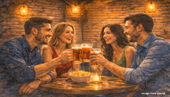 Amis trinquant autour d’une table dans un bar animé à Cannes, ambiance idéale pour où sortir à Cannes le soir