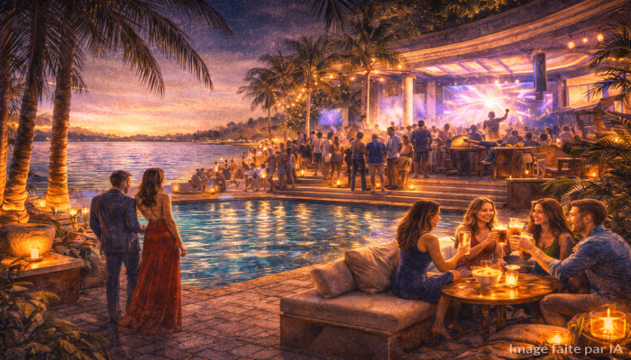 Soirée animée dans un club en bord de mer à Cannes, scène idéale pour **où sortir à Cannes le soir**.
