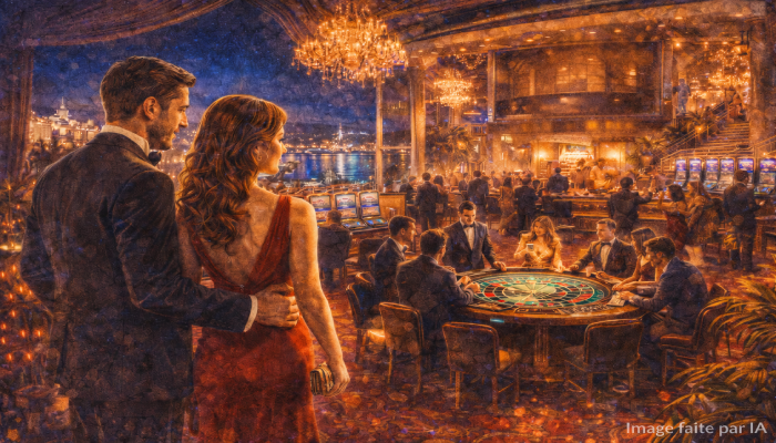 Couple élégant observant une table de roulette dans un casino cannois.