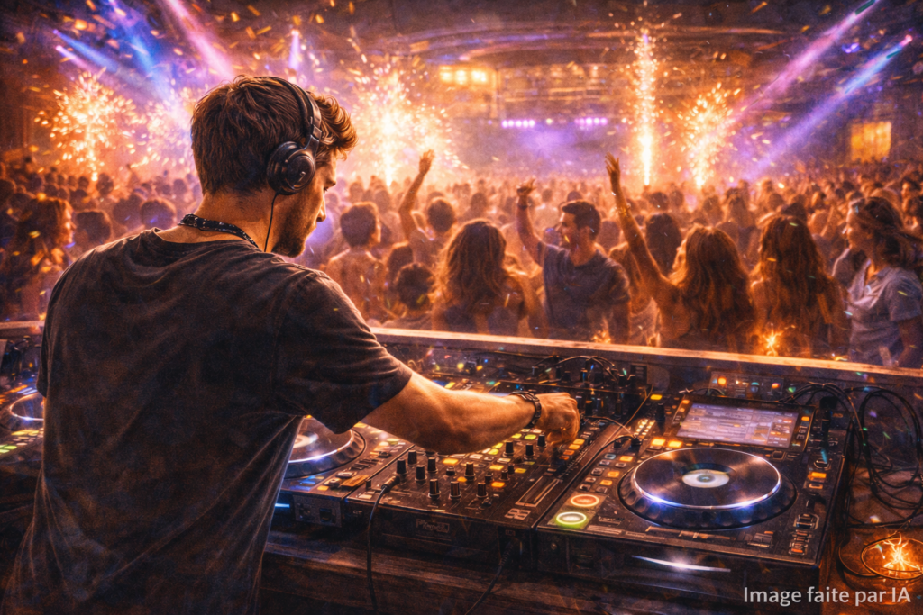 DJ mixant devant foule en club animé.