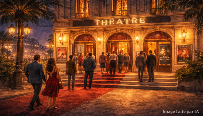 Spectateurs élégants entrant dans un théâtre cannois illuminé pour une soirée culturelle.