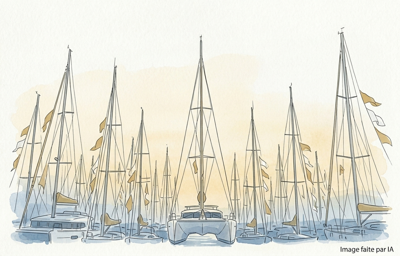 Aquarelle épurée de mâts de voiliers et yachts au Vieux-Port de Cannes pendant le Yachting Festival.