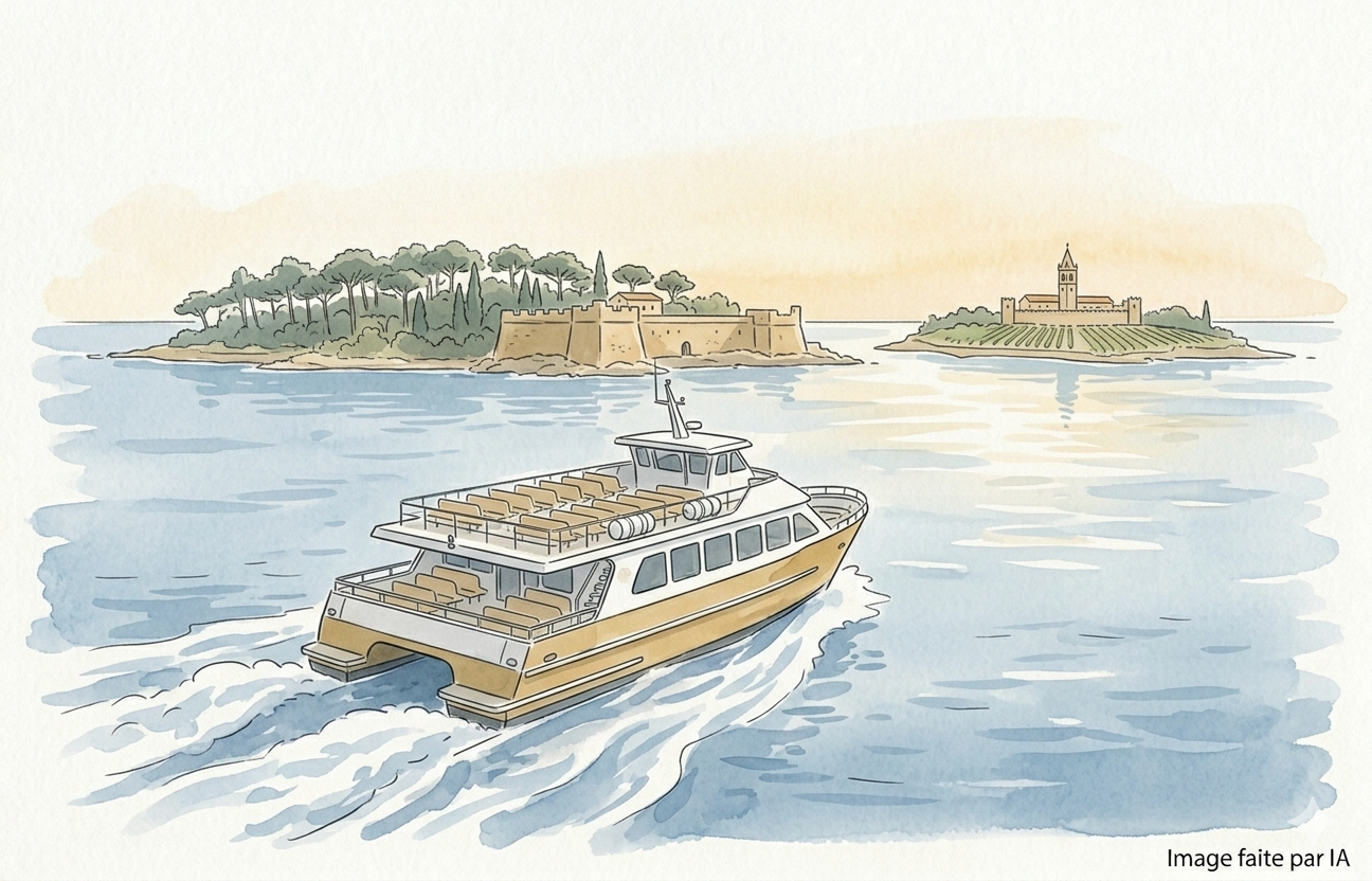 Aquarelle d'une navette de passagers quittant le Vieux-Port de Cannes vers les îles de Lérins.