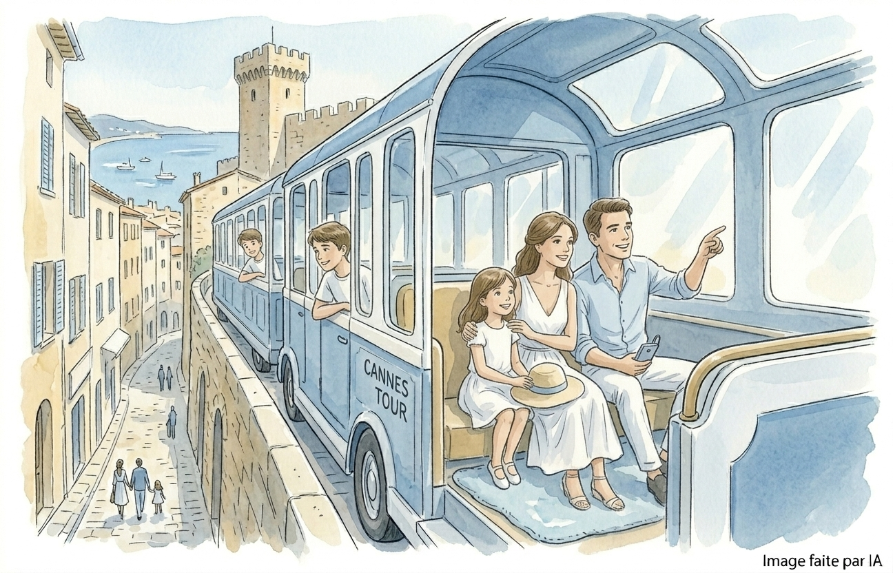 Le petit train touristique de Cannes passe par le Suquet à Cannes