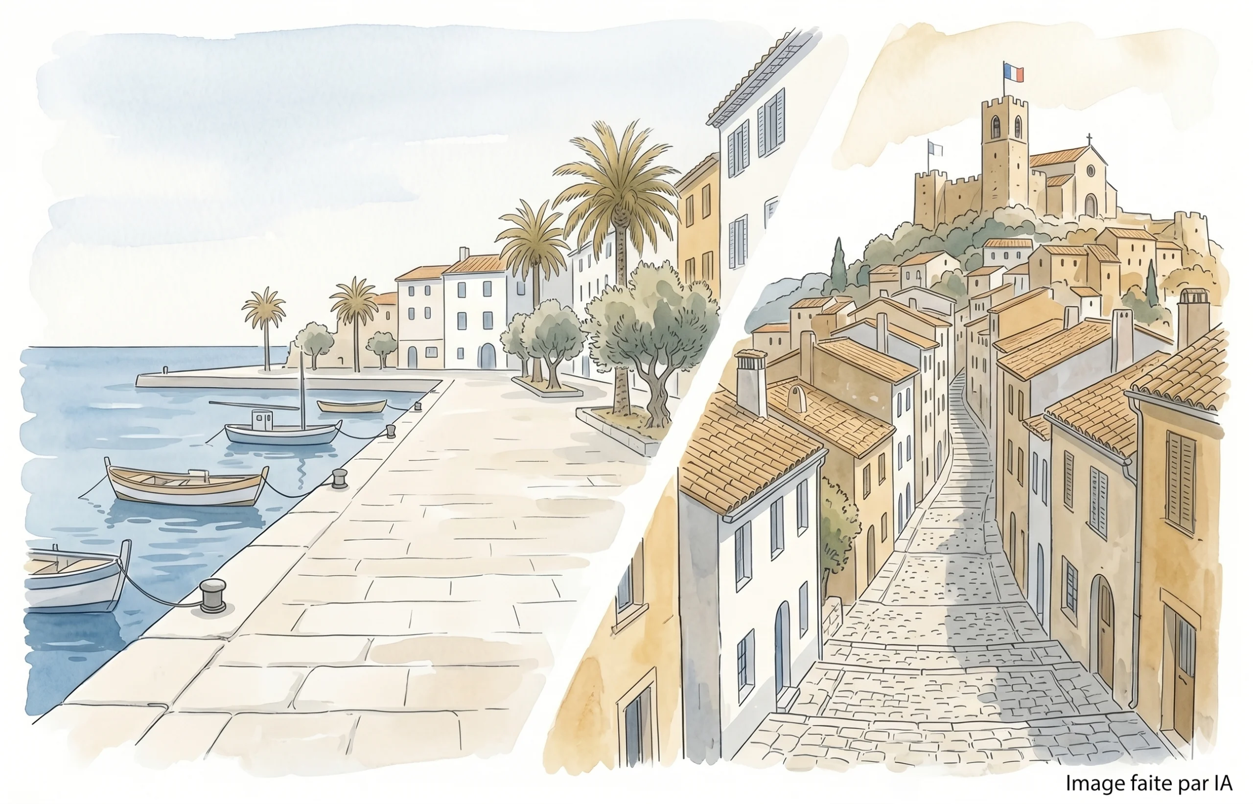 Aquarelle contrastée montrant le quai plat et accessible du Vieux-Port de Cannes face à la montée escarpée du Suquet.