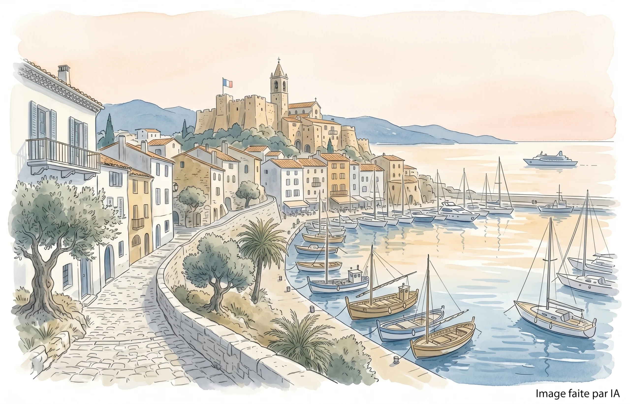 Aquarelle minimaliste du Vieux-Port de Cannes à l'aube avec bateaux, promenade pavée et colline du Suquet.