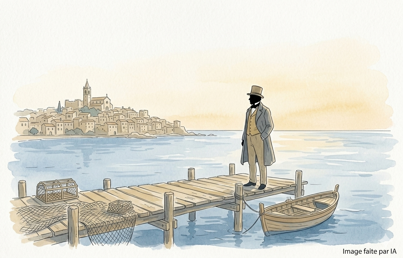 Aquarelle historique de Lord Brougham contemplant la baie et le Vieux-Port de Cannes en 1834.