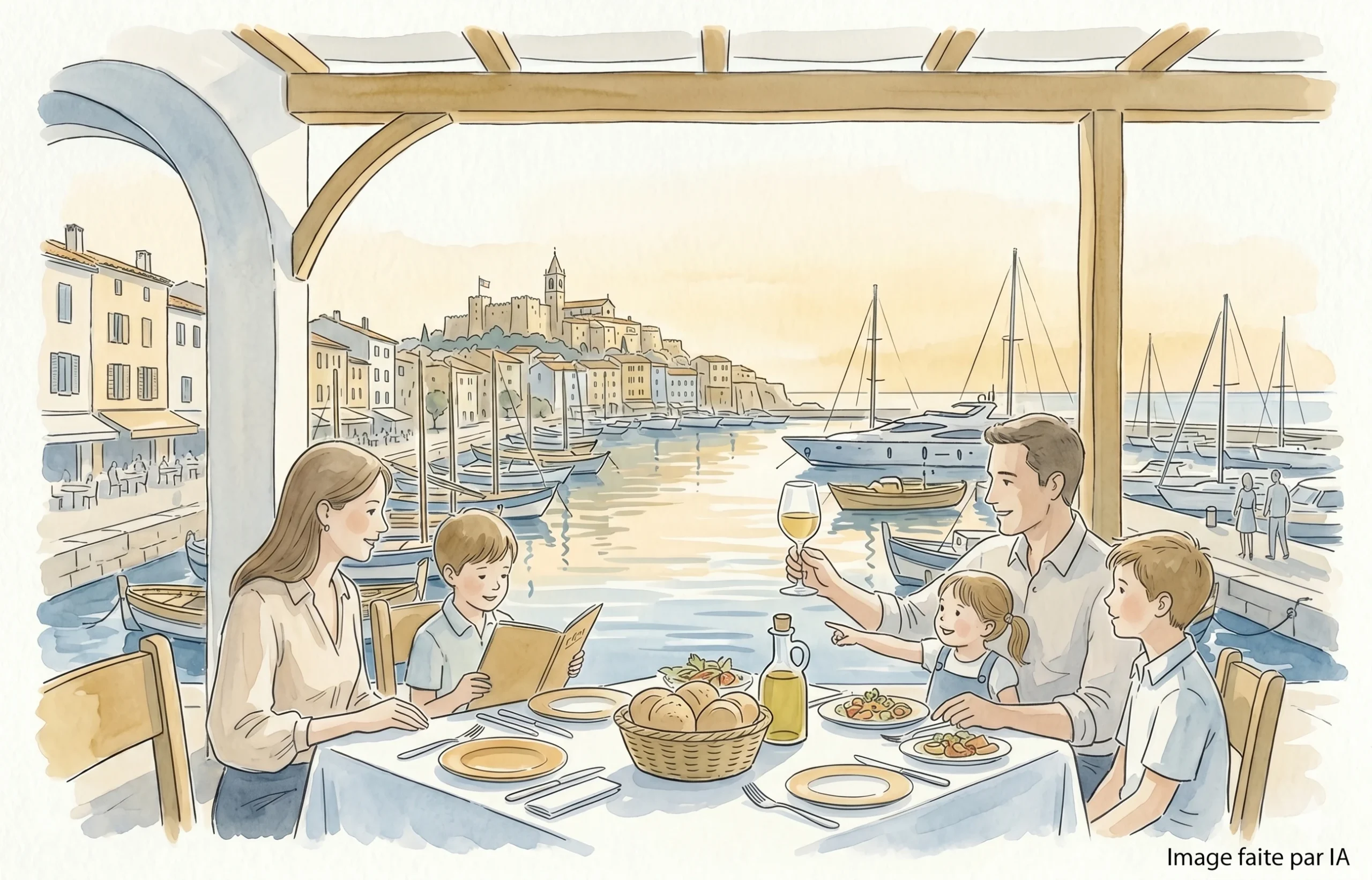 Aquarelle immersive d'une famille de cinq personnes dînant sur une terrasse face au Vieux-Port de Cannes.