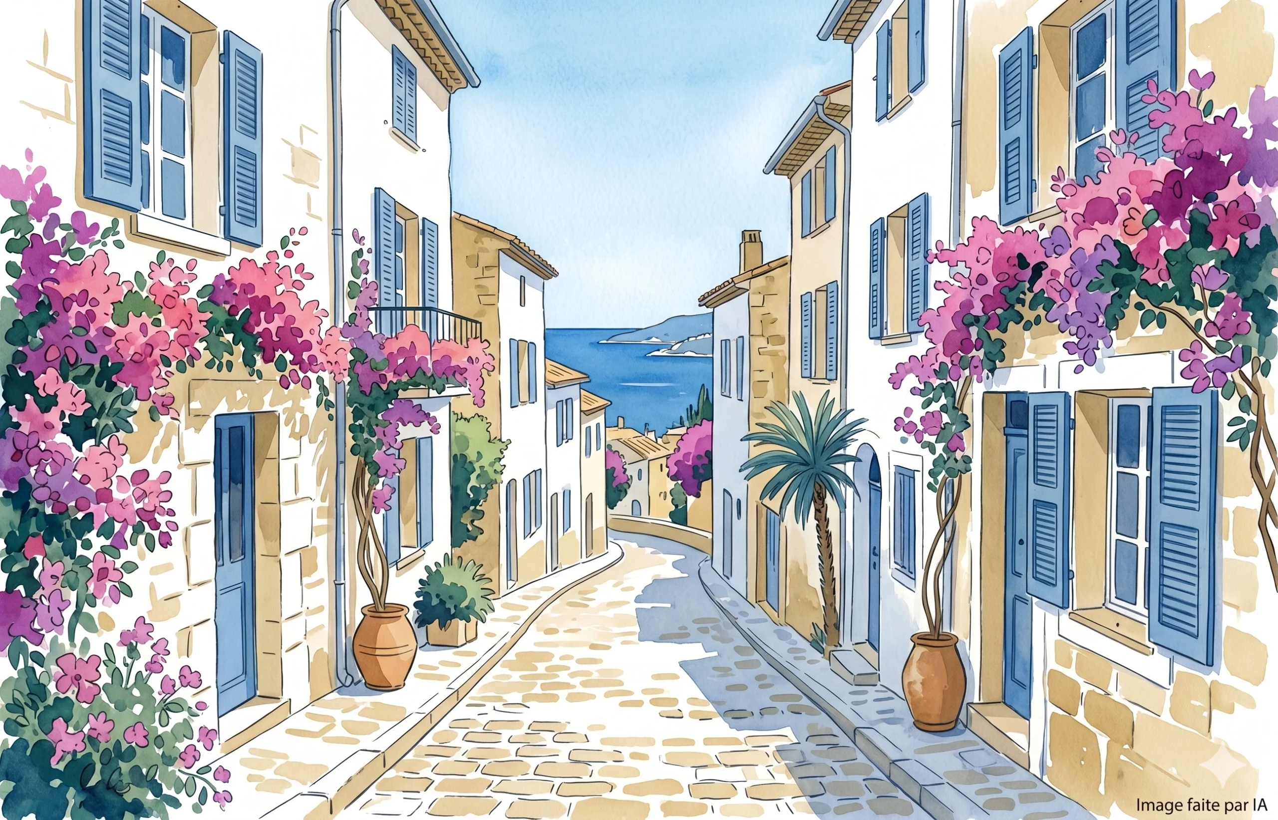 Ruelle fleurie d'un village provençal avec vue mer, une idée de que visiter autour de Cannes.