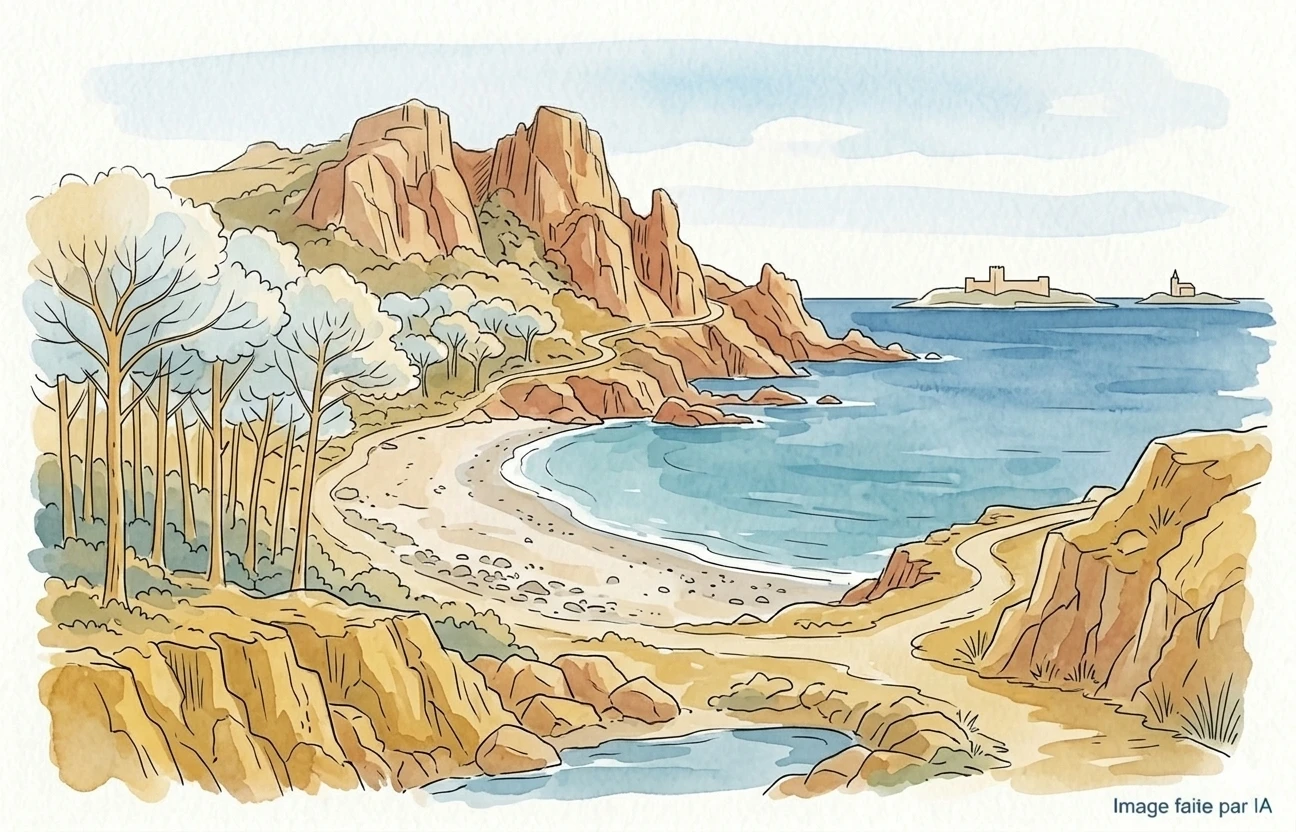 Aquarelle contemplative montrant des sentiers de randonnée entre roches rouges de l'Estérel et mer azur.