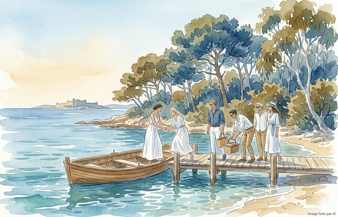 Groupe débarquant sur l'île Sainte-Marguerite avec pique-nique