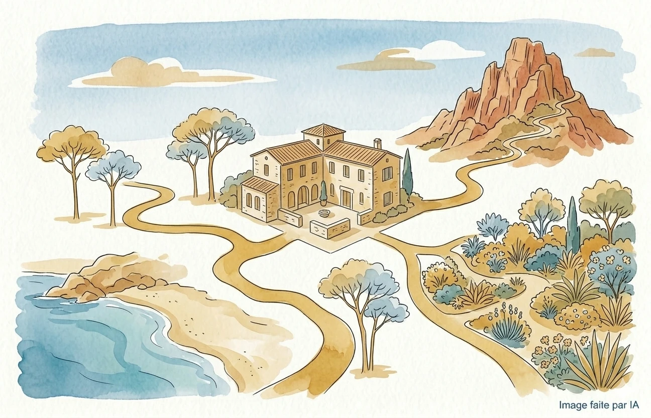 Aquarelle conceptuelle d'une villa élégante point de départ de sentiers vers la mer et la montagne.