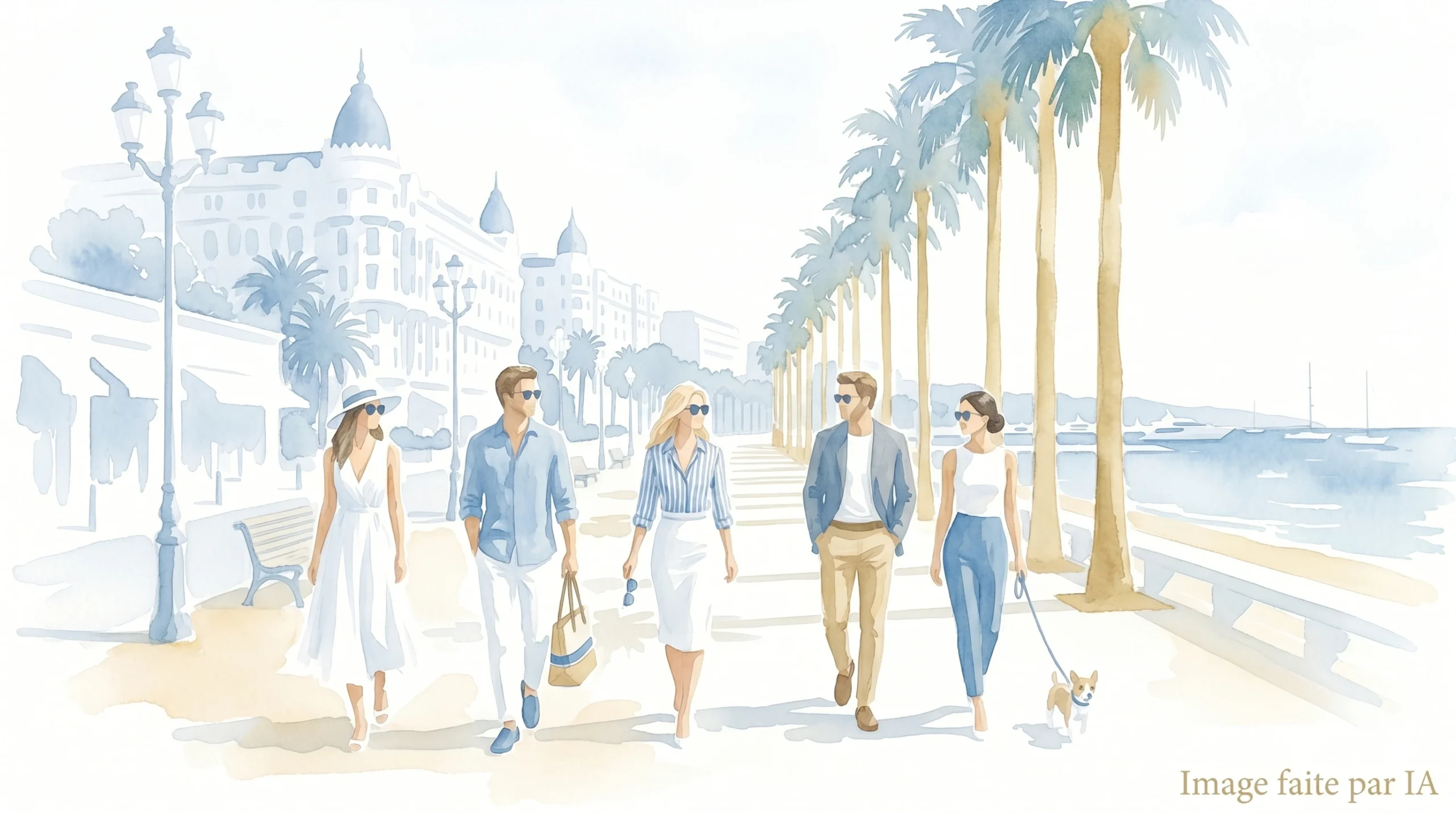 Groupe d'amis se promenant sur la Croisette longeant les palmiers et les hôtels