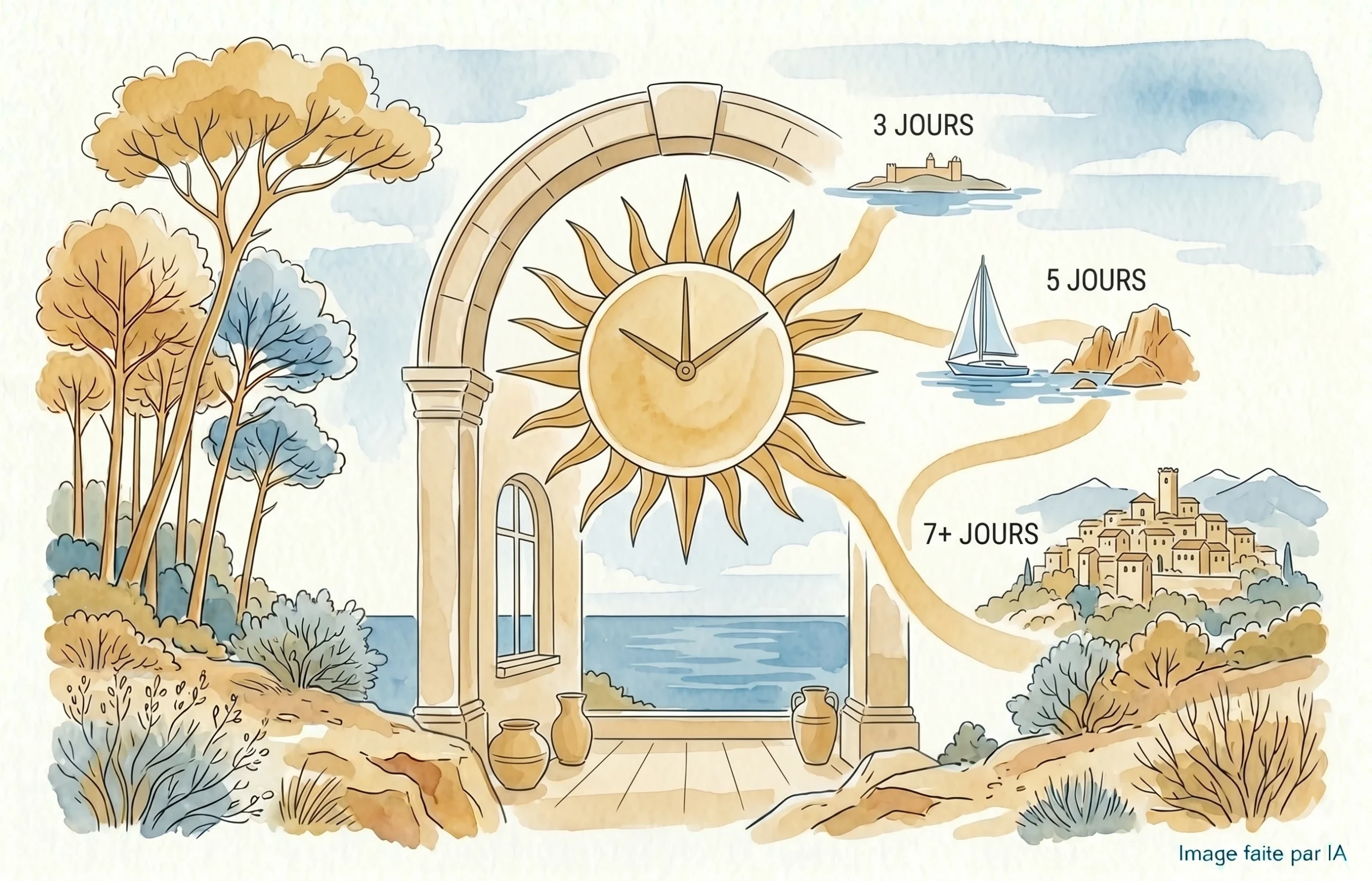 Aquarelle contemplative montrant une horloge solaire stylisée reliant des destinations côtières près de Cannes par durée de séjour.