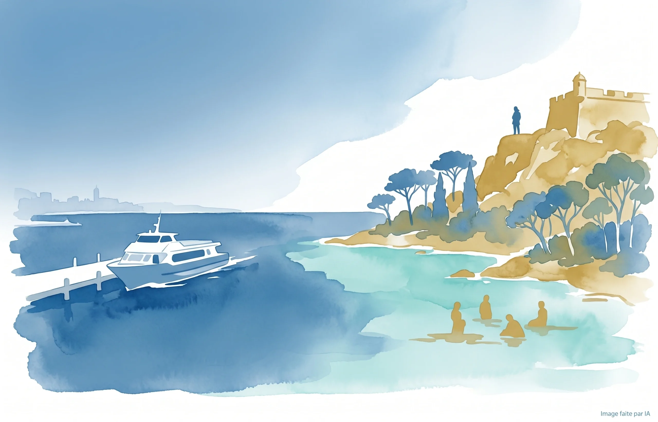 Navette arrivant sur l'île Sainte-Marguerite et son Fort Royal