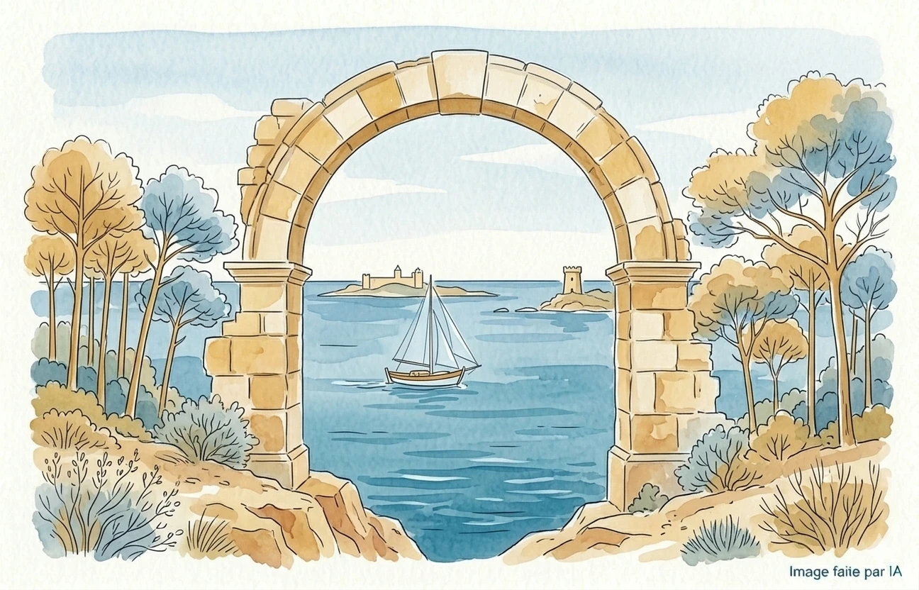 Voilier aperçu depuis une arche face aux îles proches de Cannes