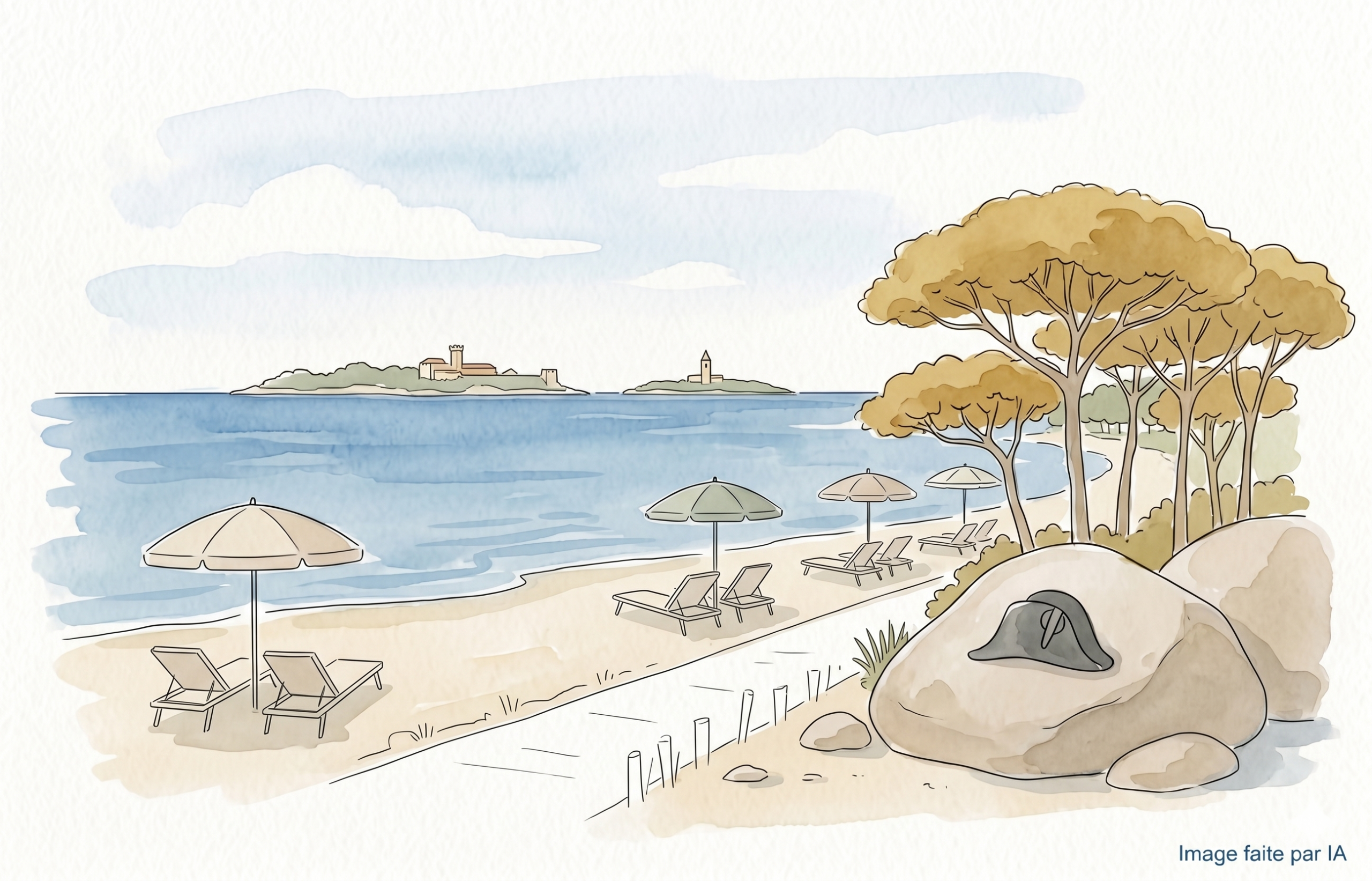 Aquarelle minimaliste de la plage de Golfe-Juan, pins, vue sur les îles de Lérins et bicorne historique.