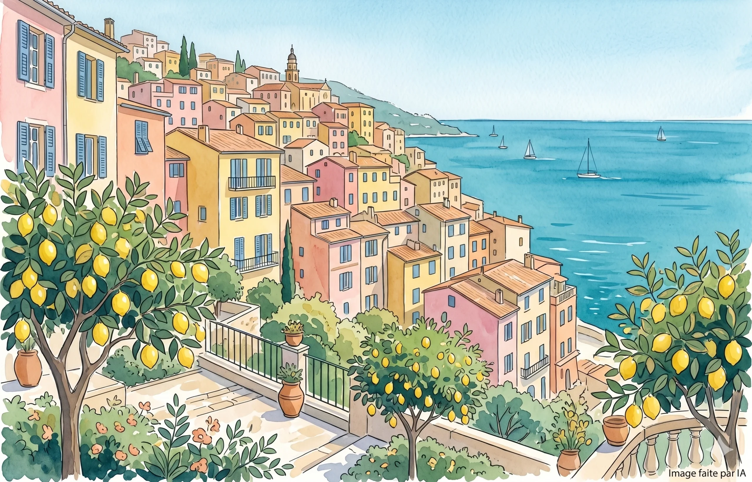 Aquarelle de Menton et ses citronniers, escale colorée que visiter autour de Cannes, style azur lumineux.