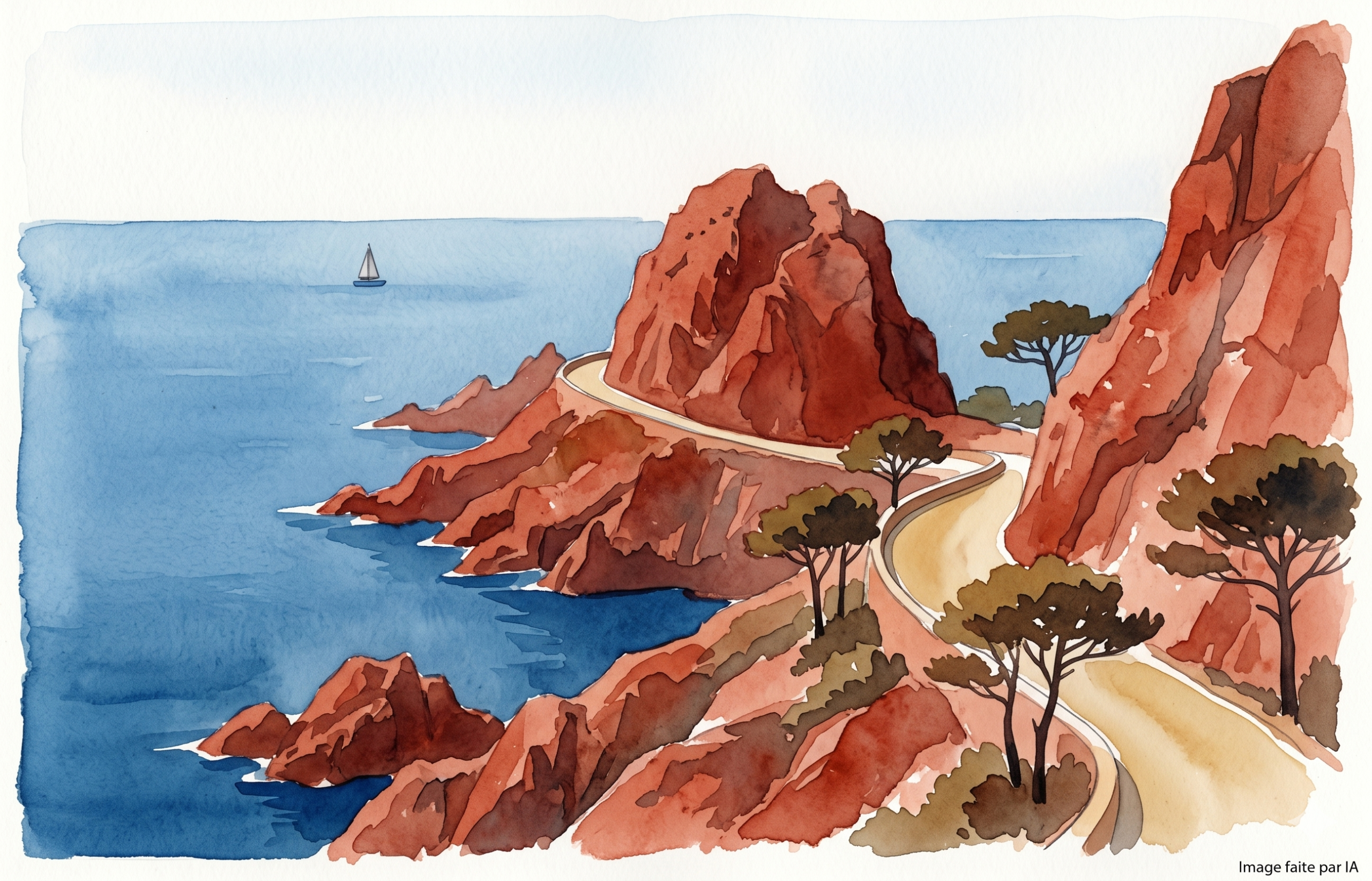 Route de la Corniche d'Or serpentant entre les roches rouges de l'Estérel et la mer.