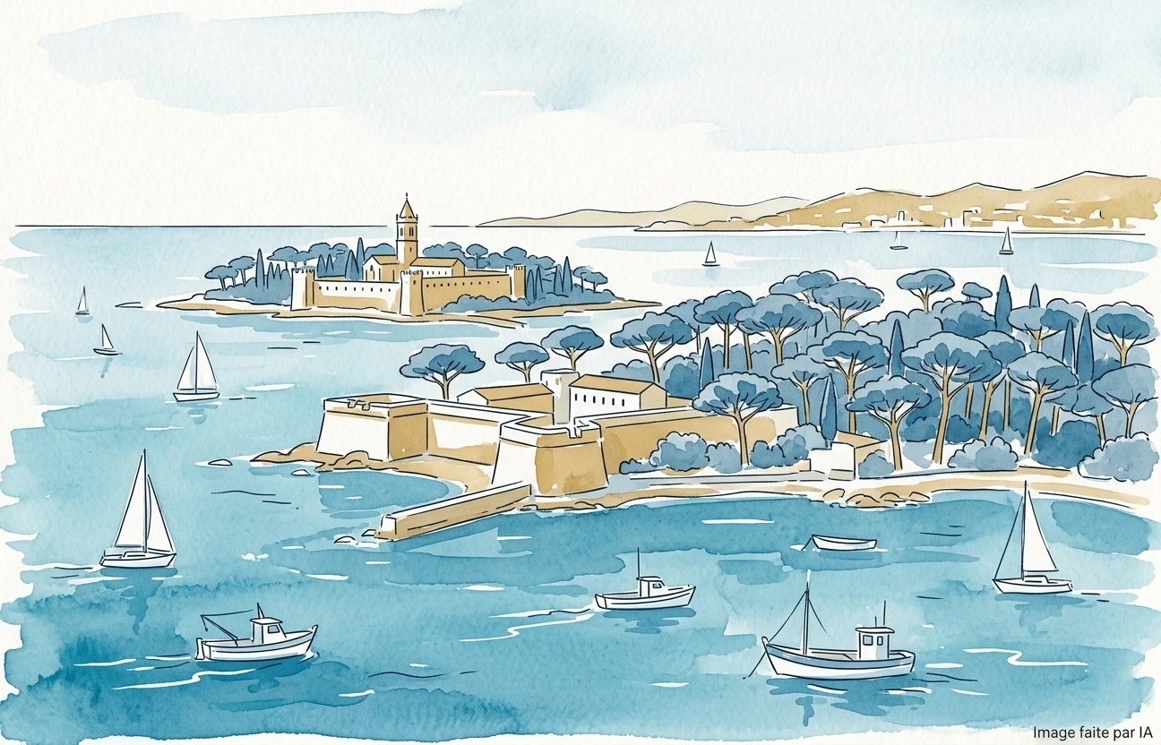 Bateaux à voile naviguant autour des îles de Lérins avec leurs forts historiques et pins parasols.
