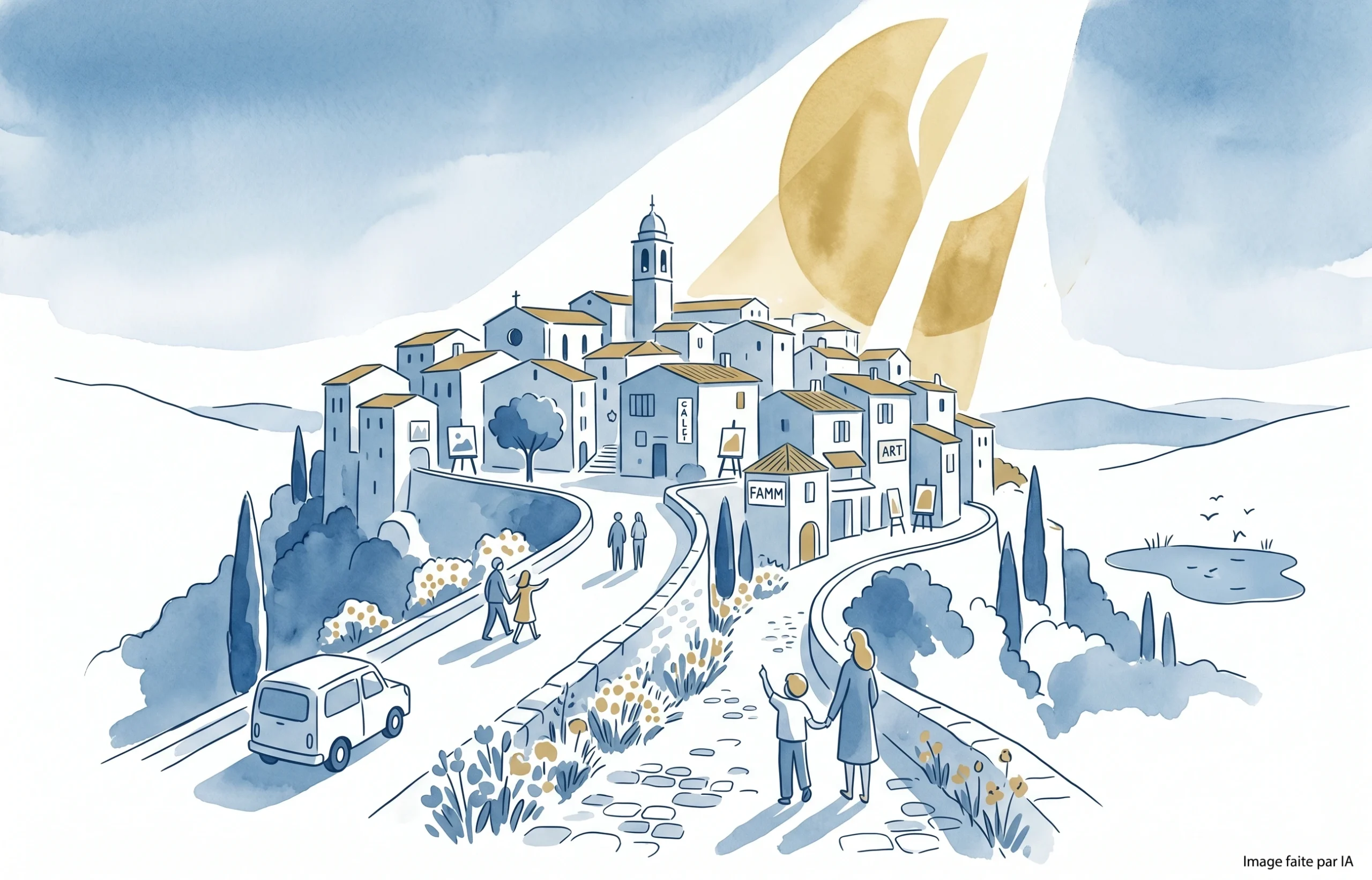 Aquarelle de Mougins, village d'artistes que visiter autour de Cannes, style minimaliste bleu et doré.