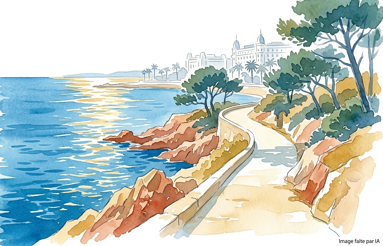 Aquarelle d'un sentier côtier sinueux bordant la mer Méditerranée avec pins parasols et lumière dorée.