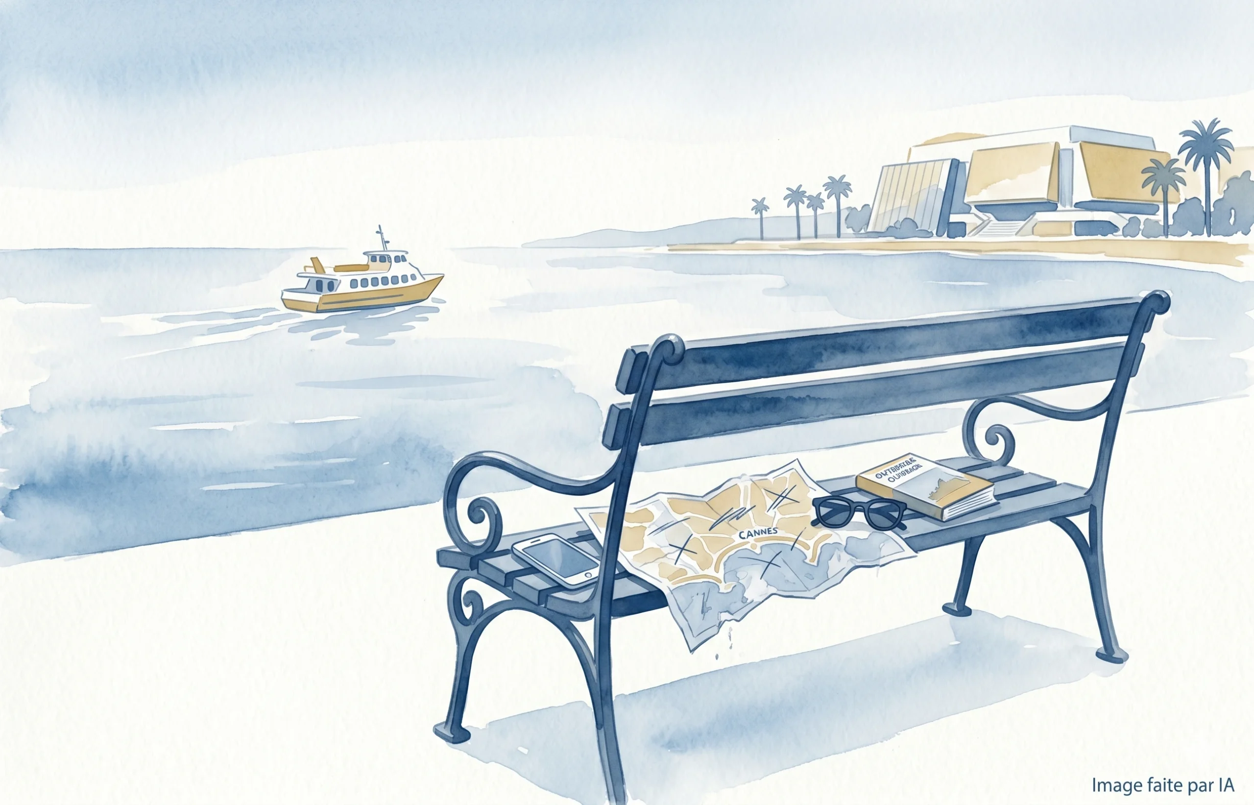 Banc avec carte et guide de Cannes en 3 jours, navette vers les îles de Lérins en arrière-plan