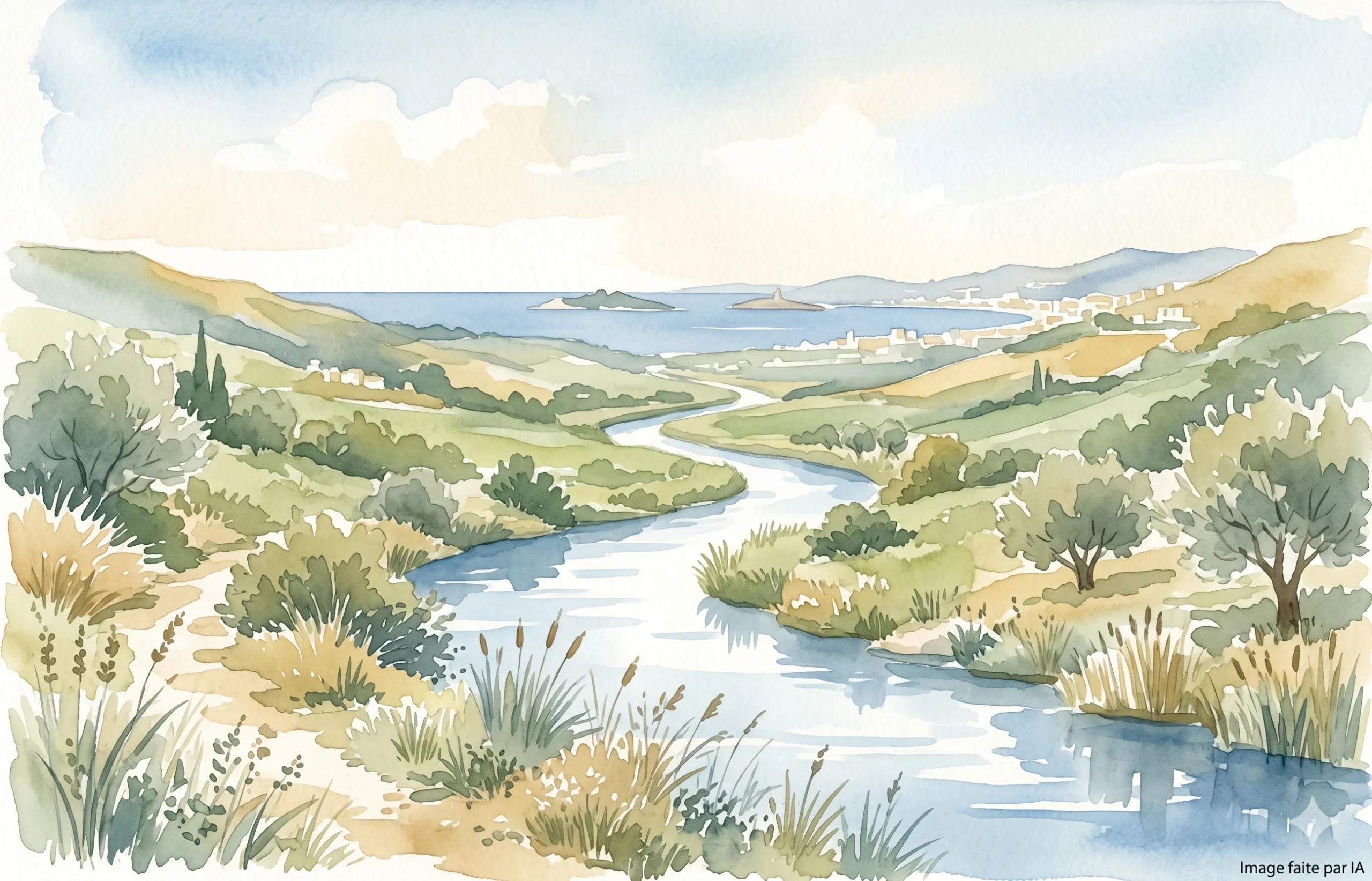Rivière sinueuse de la vallée de la Siagne s'écoulant vers la mer et la baie de Cannes.